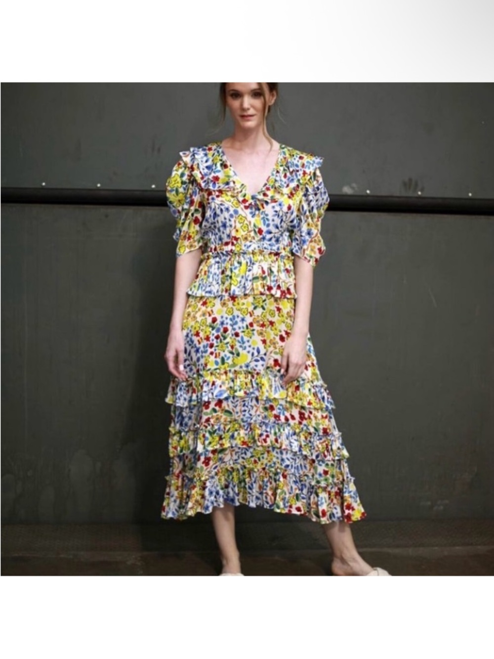 Jessie Zhao Vibrant Floral Ruffle Tiered Garden Midi Dress Medium